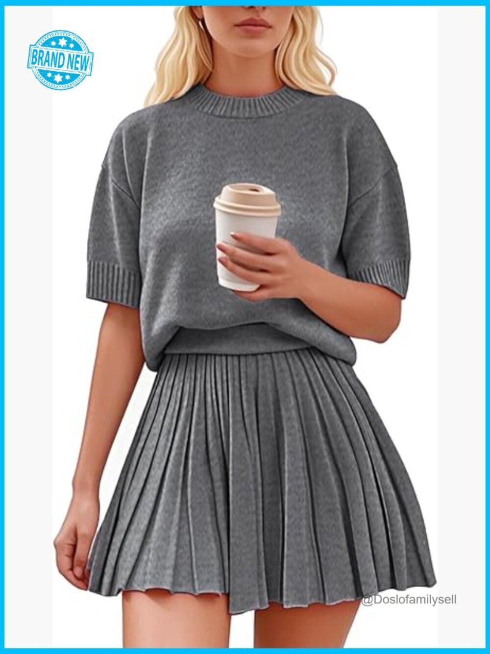 2 Piece Skirt Set Y2k Short Sleeve Crewneck Pullover Pleated Midi Knit Two